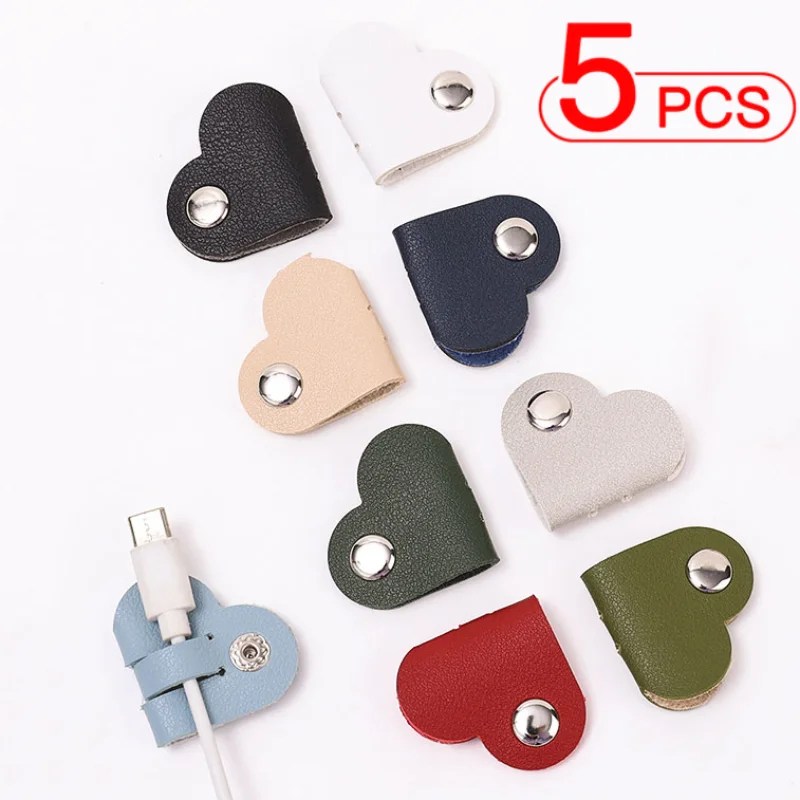 1/5 adet şarj aleti kablosu organizatör klip sevimli kalp şekilli PU deri kablo sarıcı USB kablosu kulaklık yönetimi koruyucu Mini klipler
