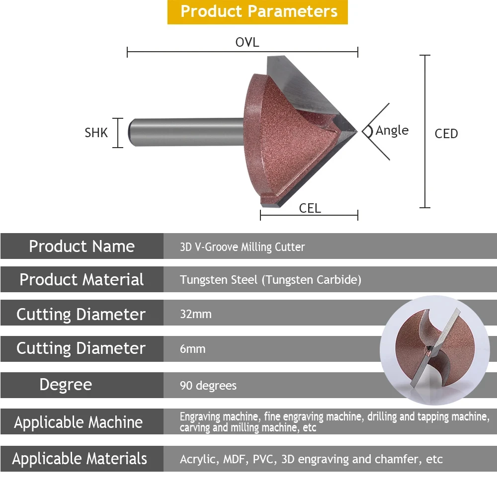 1 adet 6mm V Bit,60 90 120 150 derece CNC karbür end mill,tungsten çelik ağaç İşleme freze kesicisi, 3D ahşap MDF yönlendirici bit