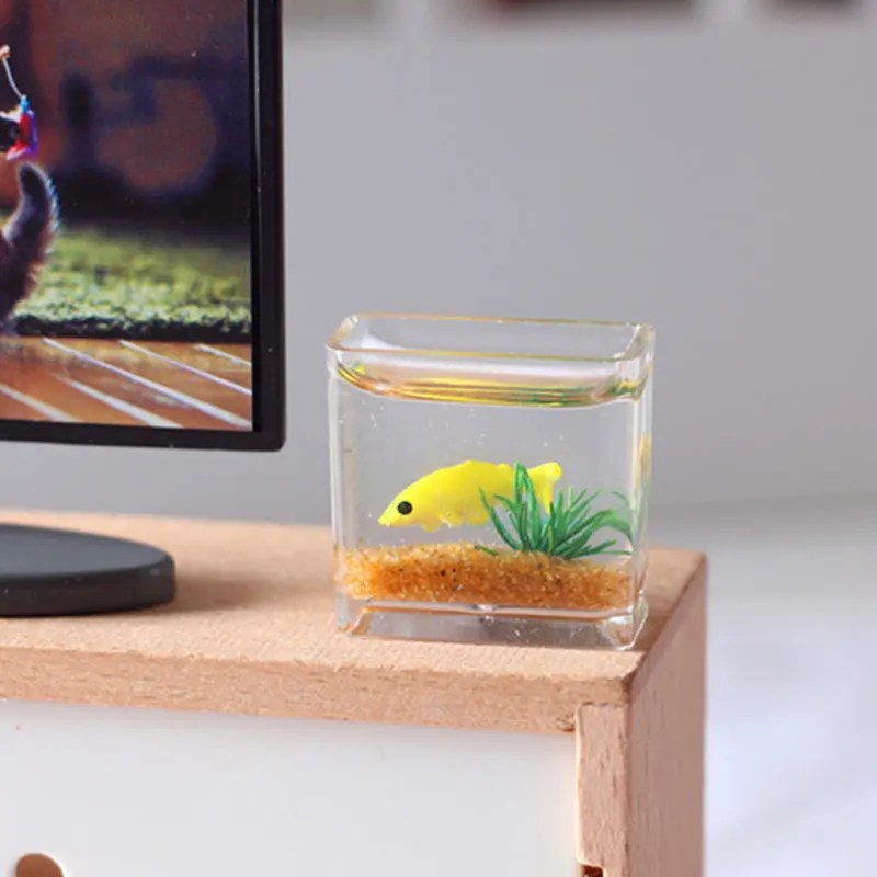 1 adet Dollhouse minyatür cam balık tankı kase akvaryum bebek evi ev süsleme oyuncak Dollhouse çıkartmaları için Kawaii odası dekor - Görsel 5