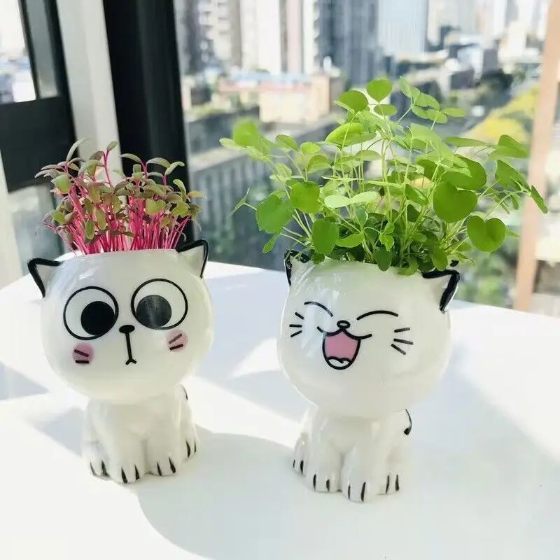 1 adet seramik saksı Mini kedi karikatür sevimli saksı bitki masaüstü kedi saksı DIY masa süslemeleri bilim eğitim okul hediyeler - Görsel 2