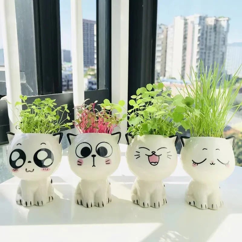 1 adet seramik saksı Mini kedi karikatür sevimli saksı bitki masaüstü kedi saksı DIY masa süslemeleri bilim eğitim okul hediyeler - Görsel 5