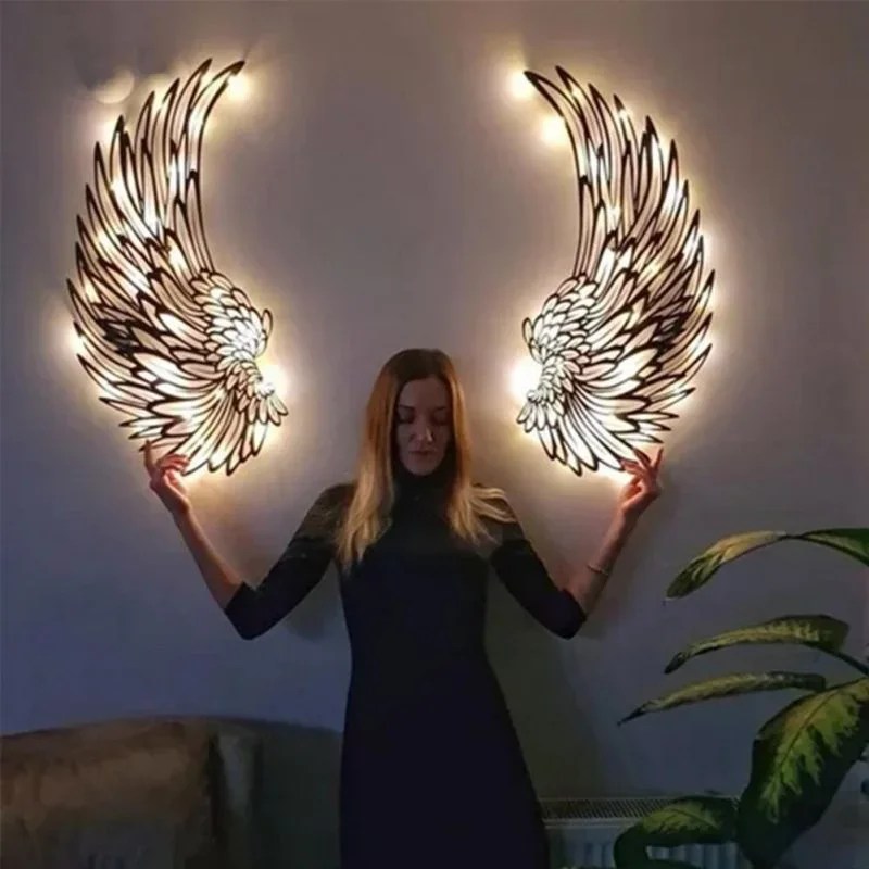 1 çift melek kanatları Metal duvar sanatı Led ışıkları ile melek kanat duvar sanatı heykel melek tüy kanatları fotoğraf sanat heykel