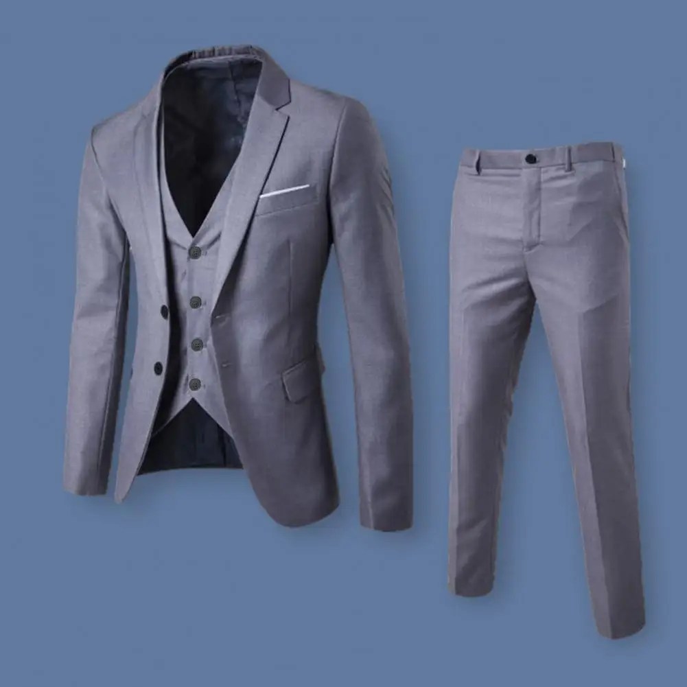 1 takım erkekler Suit Set yelek ceket pantolon resmi iş damat düğün giysileri uzun kollu Slim Fit takım elbise ceket pantolon