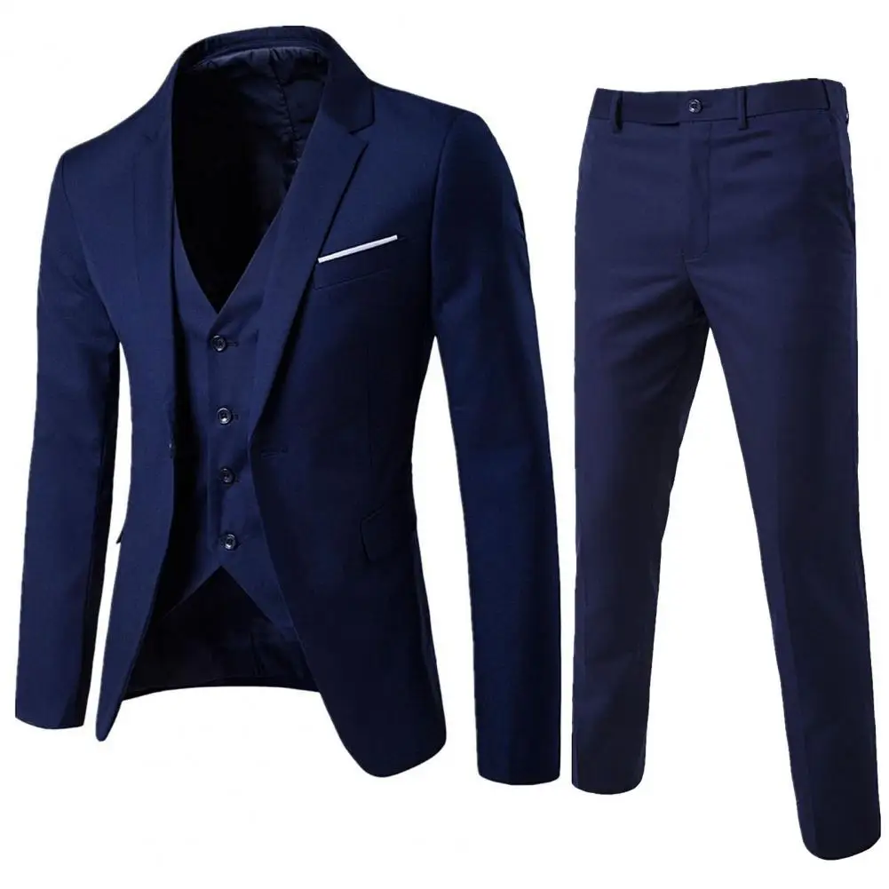 1 takım resmi kıyafet basit uzun kollu düğmeler manşet Blazer yelek pantolon popüler saf renk düğmeleri erkekler için takım elbise kalma