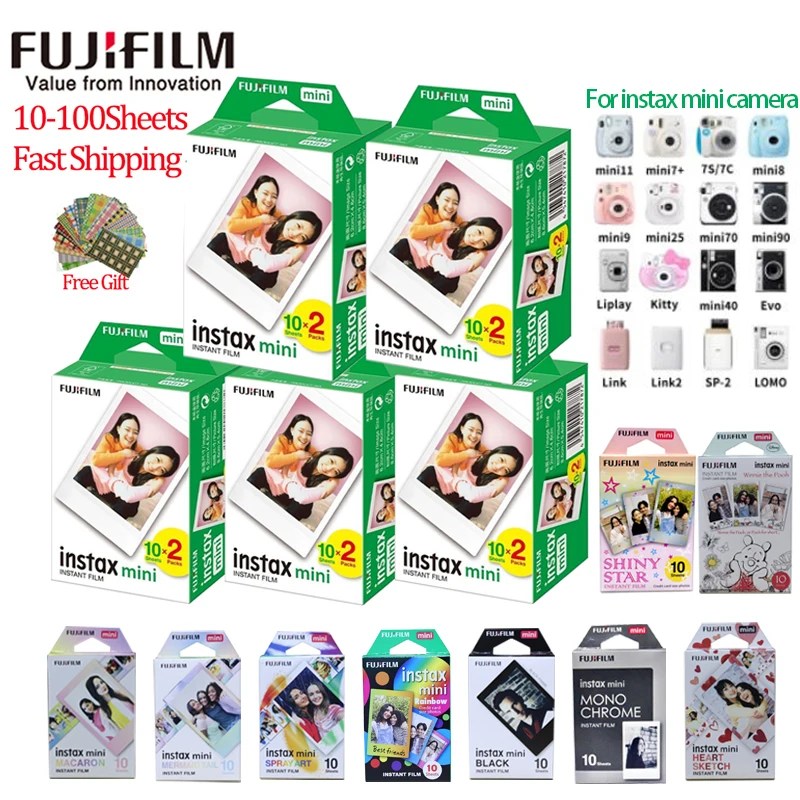 10-100 yaprak Fuji Fujifilm 3 ''beyaz kenar Instax Mini filmler için anında Instax Mini 12/11/9/8/7 +/40/25/bağlantı kamera fotoğraf kağıdı