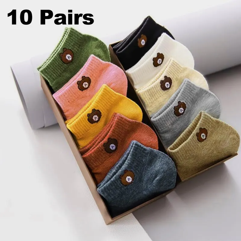 10 Pairs kadınlar düşük tüp çorap Set sevimli ayı desen moda nefes kadın rahat tarzı rahat çorap için