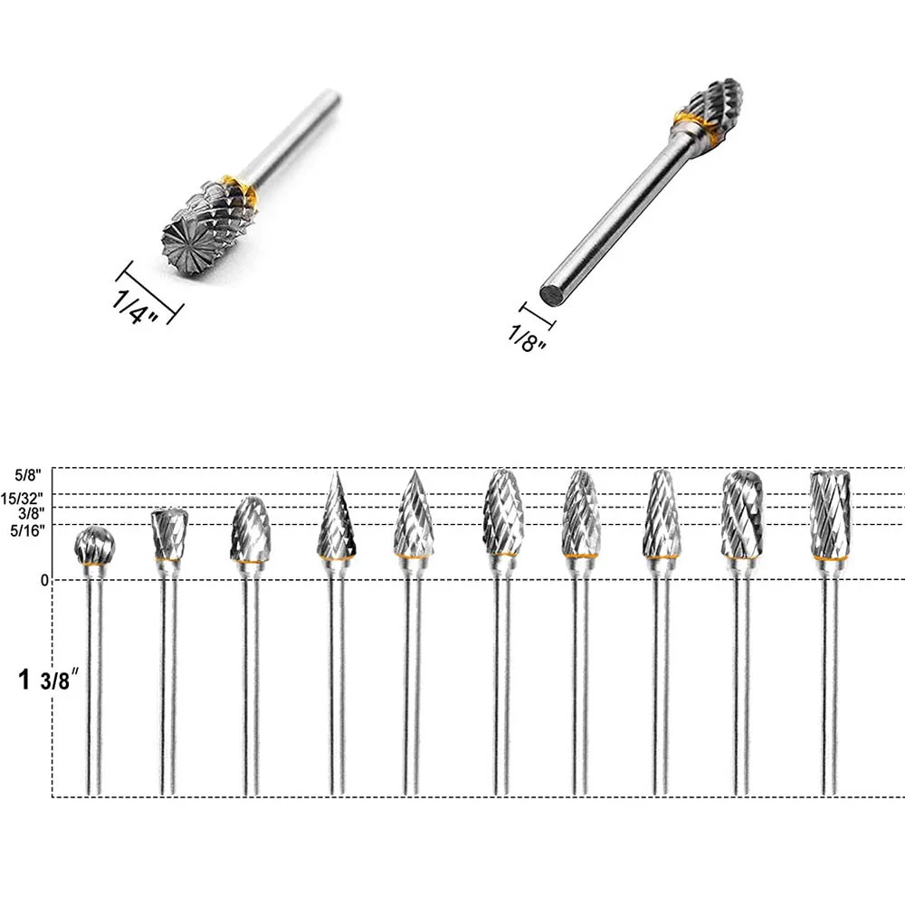10 adet 1/8 "sap Tungsten karbür freze kesicisi döner aracı çapak çift elmas kesim döner Dremel araçları elektrikli taşlama