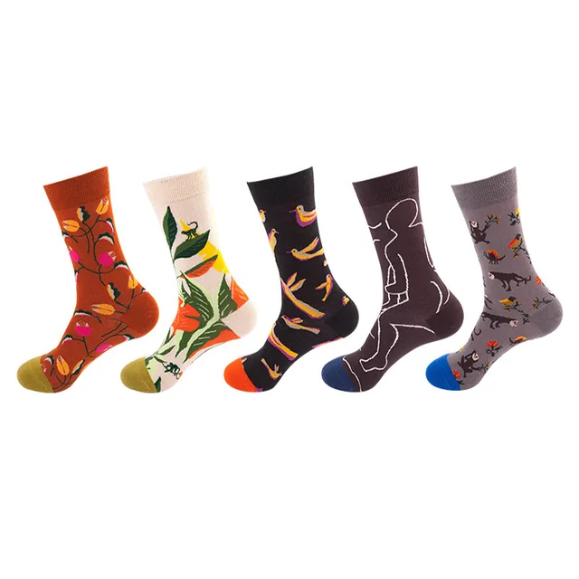 10 adet = 5 Pairs nötr serin komik Hiphop rahat Pastel paketi uzun tüp Set erkekler moda baskı Harajuku pamuk spor koşu çorap
