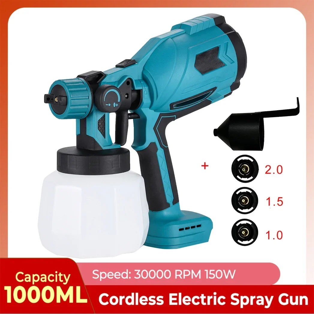 1000ML Electric Spray Gun Cordless Paint Sprayer Auto Furniture Steel Coating Airbrush for Makita 18V Battery 1/1.5/2mm Nozzle