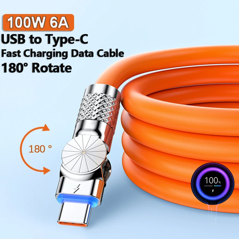 100W 6A 180 derece rotasyon süper hızlı şarj veri tipi C kablo için Xiaomi Huawei şarj sıvı silikon dirsek kablosu için oyun