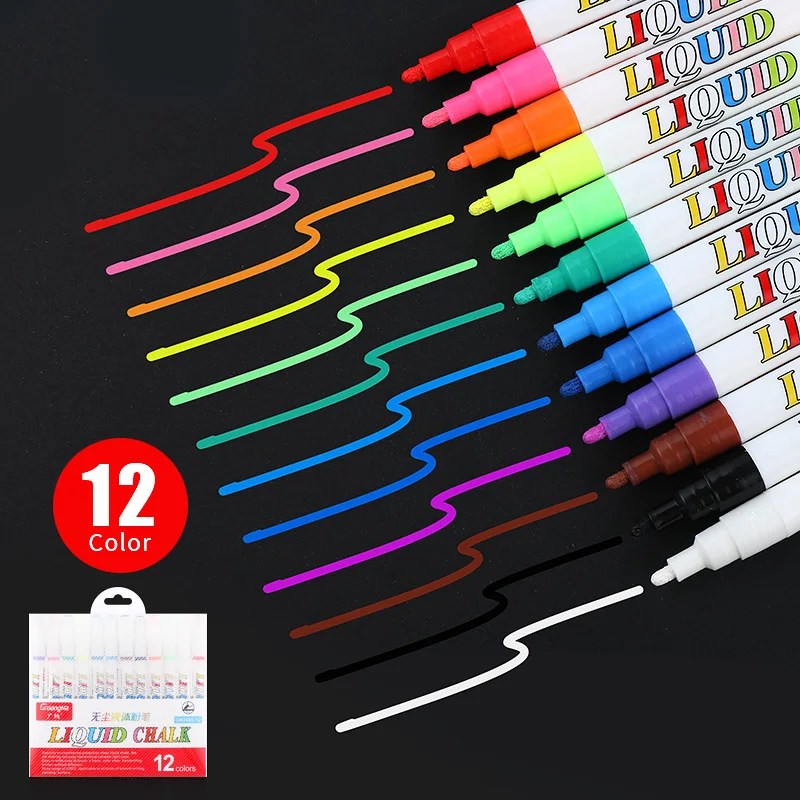 12 renk/set sıvı silinebilir tebeşir işaretleyici kalem cam pencereler için yazı tahtası İşaretleyiciler öğretim araçları ofis malzeme Escolar