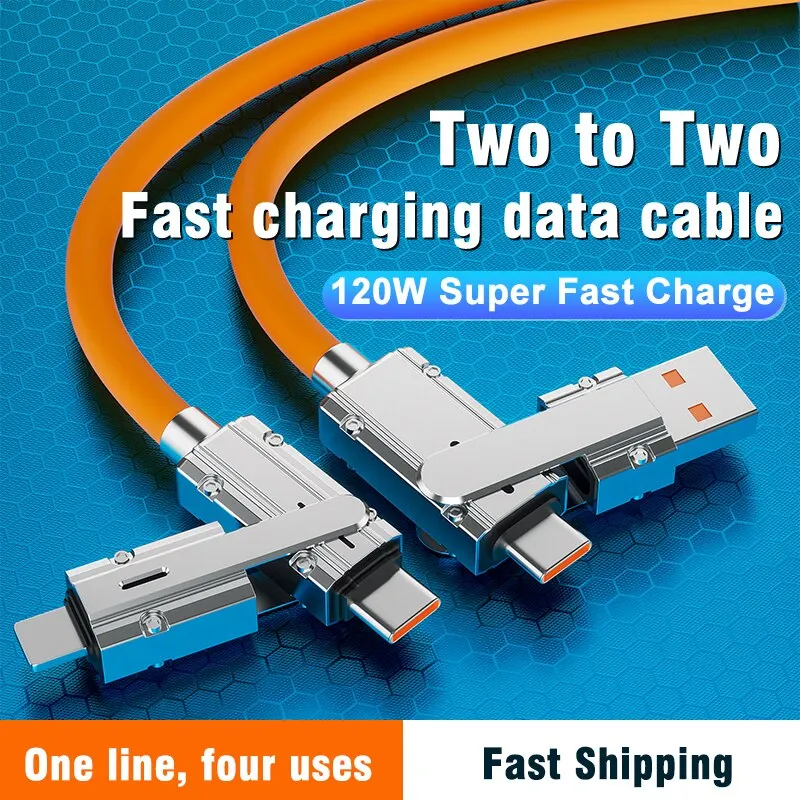 120W4 in 1 çok fonksiyonlu cep telefonu veri kablosu PD Huawei Xiaomi iPhone için hızlı şarj kablosu şarj