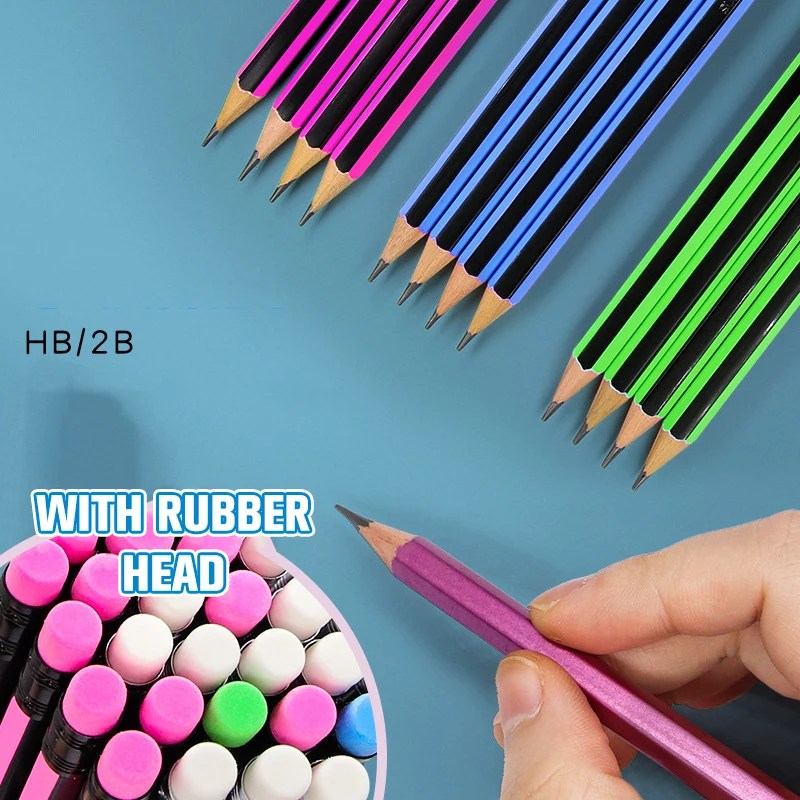 12Pcs /Lot Ordinary Pencil Wooden Lead Pencils 2B/HB Pencil With Eraser Children Gift Drawing Pencil School Writing Stationery - Görsel 2