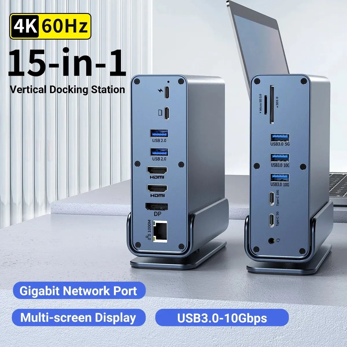 15 in 1 USB-C yerleştirme istasyonu üçlü monitör ile 4K HD dikey Hub, RJ45 1000M,USB 3.0/2.0,PD 3.0,SD/TF, Mac Pro için ses 3.5