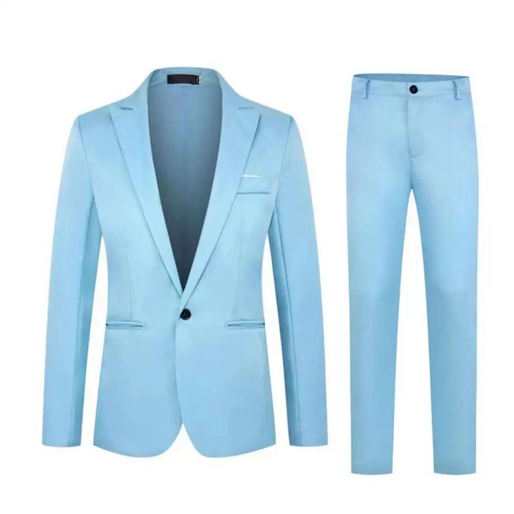 2 adet/takım erkekler bahar sonbahar düz renk takım elbise yaka uzun kollu cepler tek düğme Blazer Slim Fit uzun pantolon seti