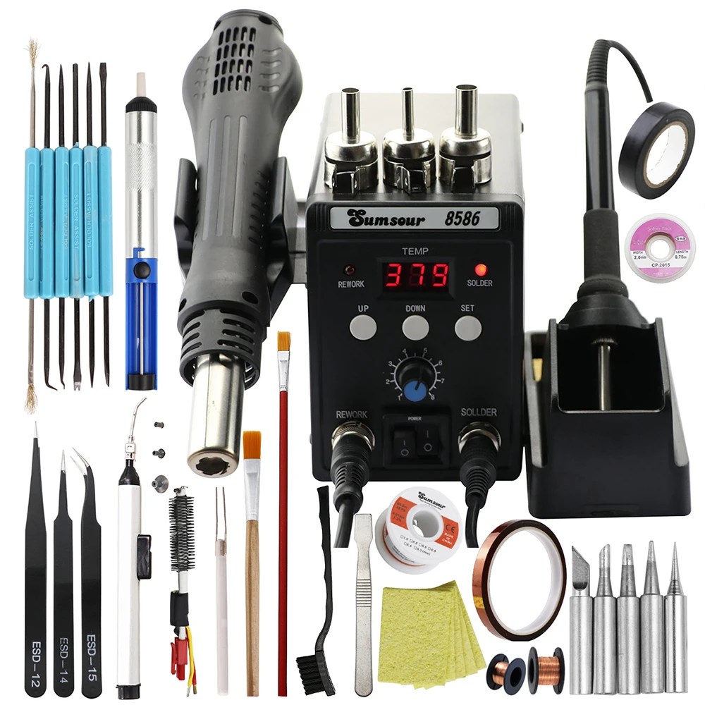 2 in 1 lehimleme istasyonu 8586 dijital ekran SMD Rework sıcak hava tabancası lehim demir 220V ESD kaynak sökme tamir araçları