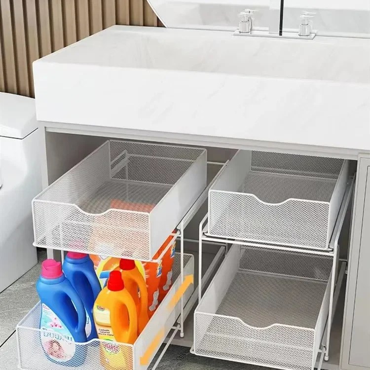 2 katmanlı sürgülü dolap sepeti organizatör çekmece banyo Pull-Out çift raf altında lavabo dolabı raf sepetleri tezgah kiler - Görsel 5