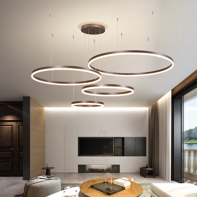 2023 Modern Led avize ev aydınlatma fırçalanmış yüzükler tavan monte avize aydınlatma asılı lamba altın ve kahve rengi