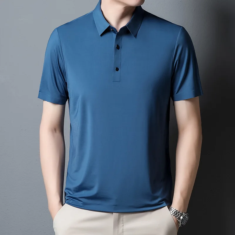 2023 yaz yeni moda erkek düz renk kısa kollu T-shirt buz ipek nefes erkek iş rahat Polo GÖMLEK