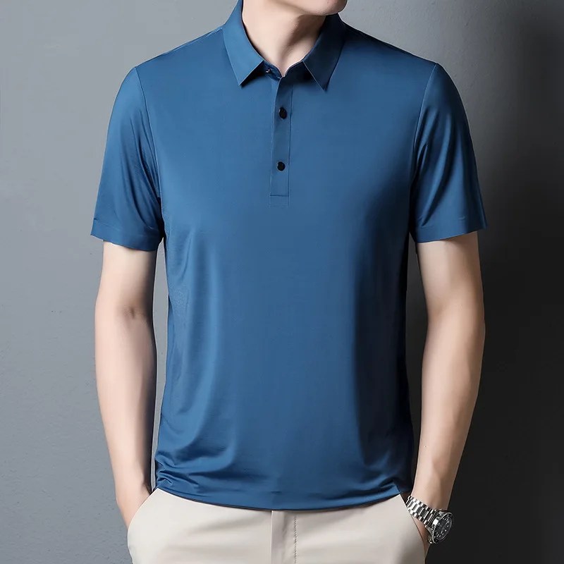 2023 yaz yeni moda erkek düz renk kısa kollu T-shirt buz ipek nefes erkek iş rahat Polo GÖMLEK - Görsel 3