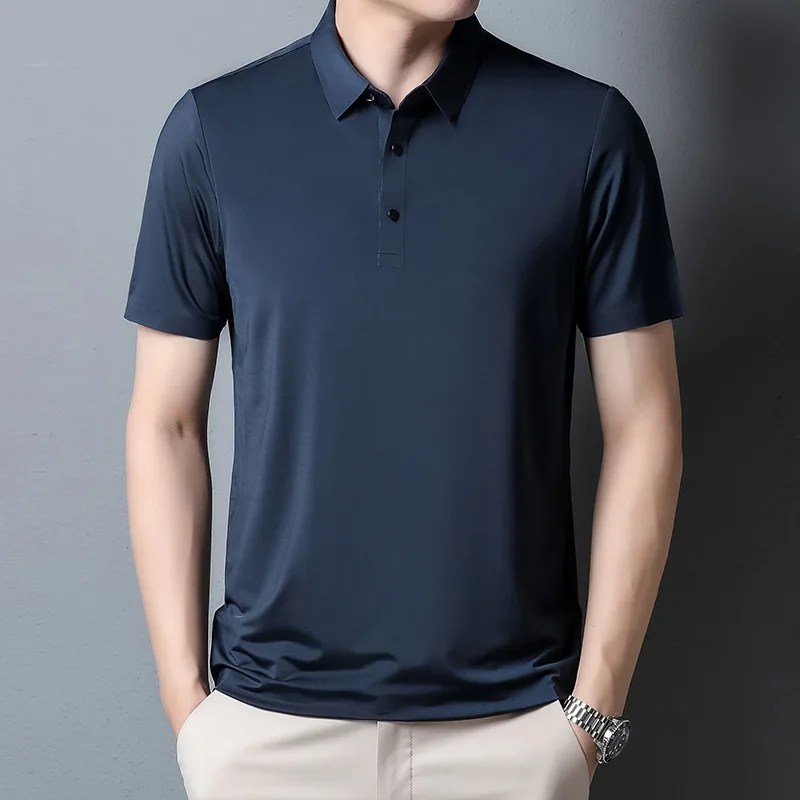 2023 yaz yeni moda erkek düz renk kısa kollu T-shirt buz ipek nefes erkek iş rahat Polo GÖMLEK - Görsel 4