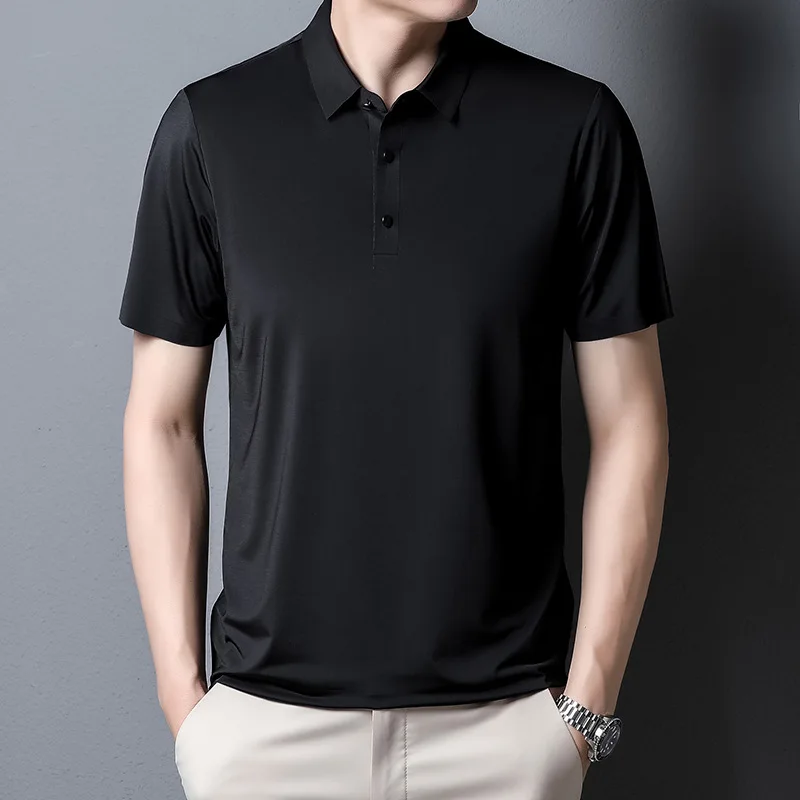 2023 yaz yeni moda erkek düz renk kısa kollu T-shirt buz ipek nefes erkek iş rahat Polo GÖMLEK