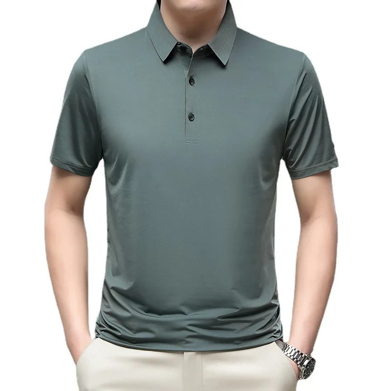 2023 yaz yeni moda erkek düz renk kısa kollu T-shirt buz ipek nefes erkek iş rahat Polo GÖMLEK - Görsel 6