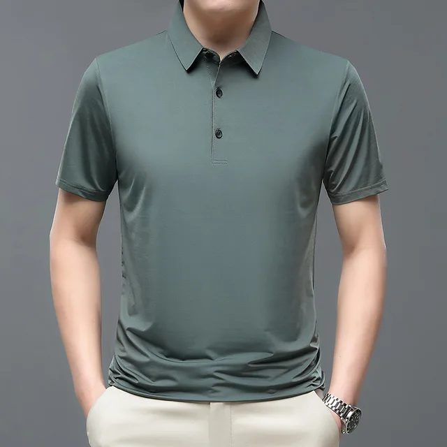 2023 yaz yeni moda erkek düz renk kısa kollu T-shirt buz ipek nefes erkek iş rahat Polo GÖMLEK