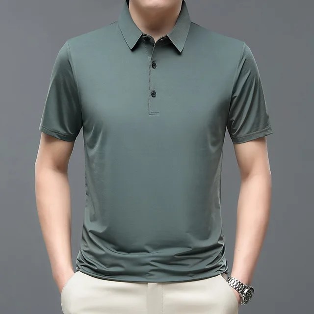 2023 yaz yeni moda erkek düz renk kısa kollu T-shirt buz ipek nefes erkek iş rahat Polo GÖMLEK - Görsel 7