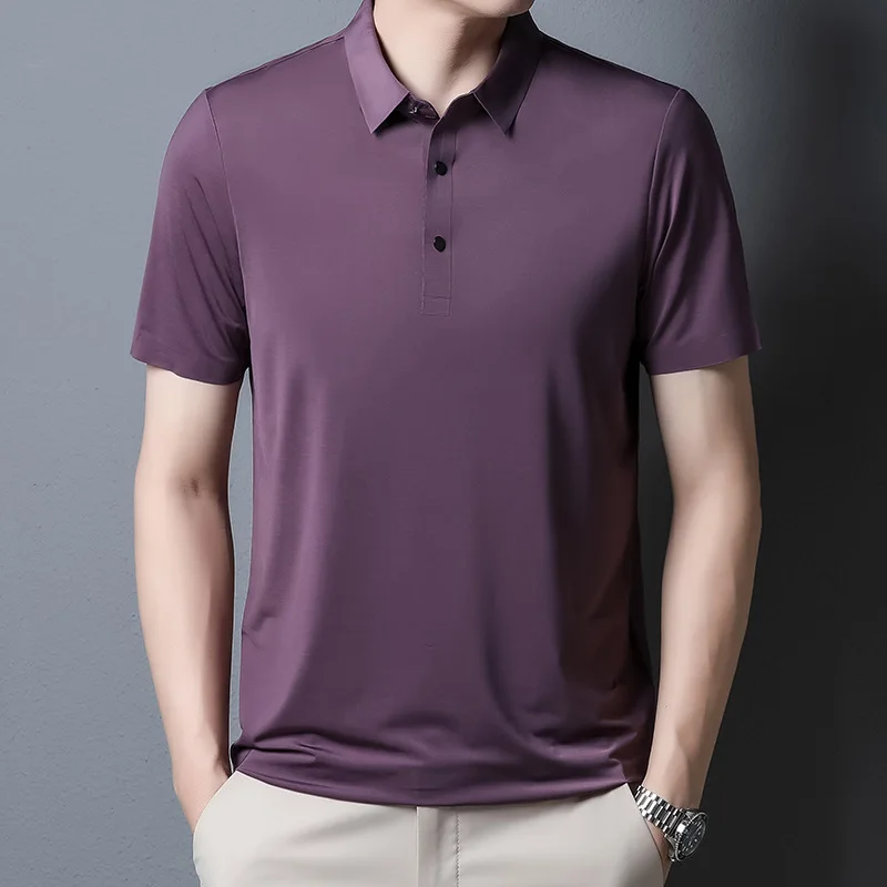 2023 yaz yeni moda erkek düz renk kısa kollu T-shirt buz ipek nefes erkek iş rahat Polo GÖMLEK