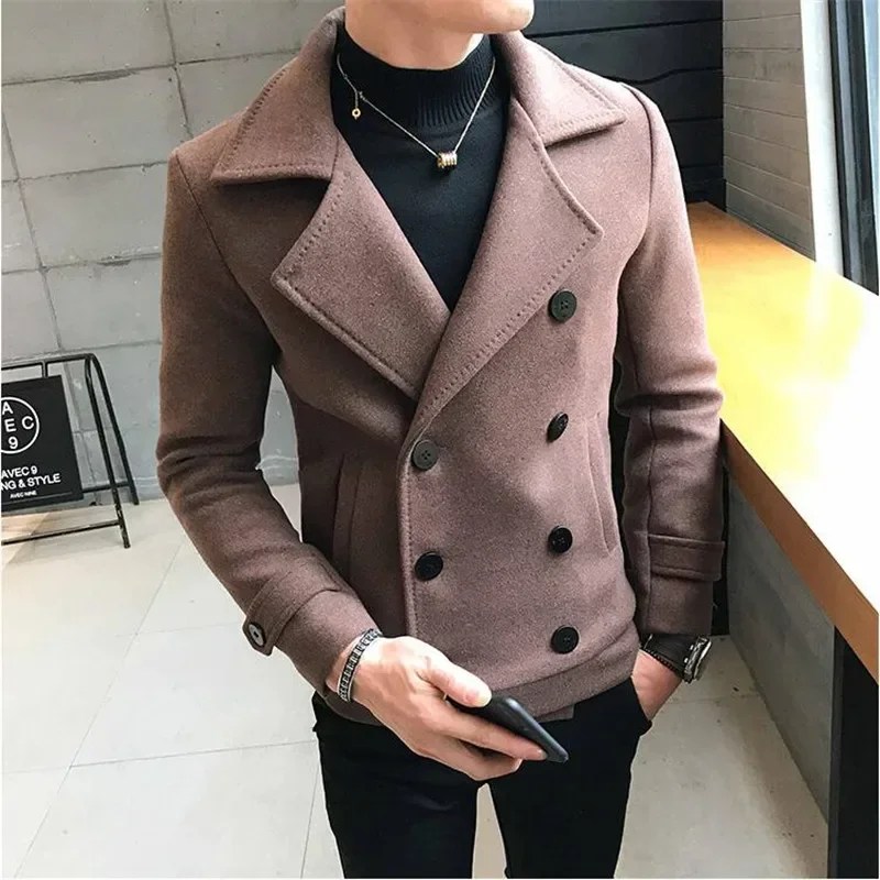 2023 yeni moda erkekler çift göğüslü rüzgarlık düz renk ince kısa yün ceket kış rahat sıcak rüzgarlık ceket boyutu 5XL