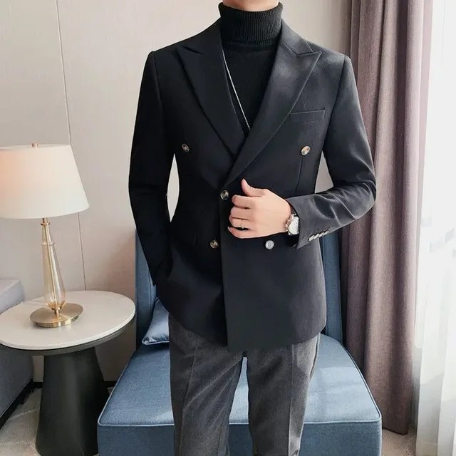 2023 yeni sonbahar kış Blazers erkekler çift göğüslü rahat takım elbise erkek ceket Streetwear sosyal Blazer Masculino L86 - Görsel 13