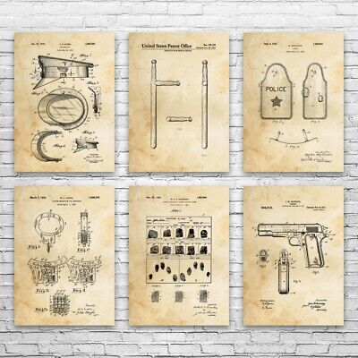 Police Station Patent Posters Set of 6 Officers Hat Law Enforcement Art Wall Art - Görsel 1