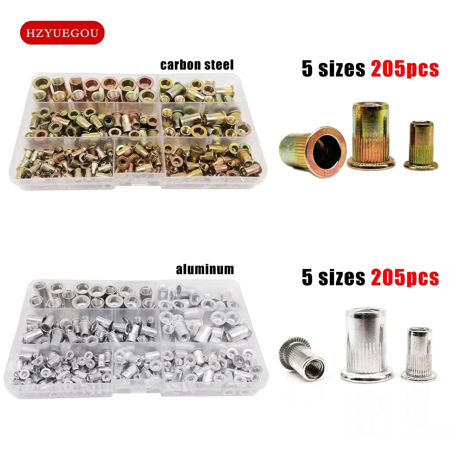 1 kutu 205 adet ekle perçin somun Rivnut Nutsert Mix M3 M4 M5 M6 M8 boyutu Set çeşitler kiti düz kafa karbon çelik alüminyum
