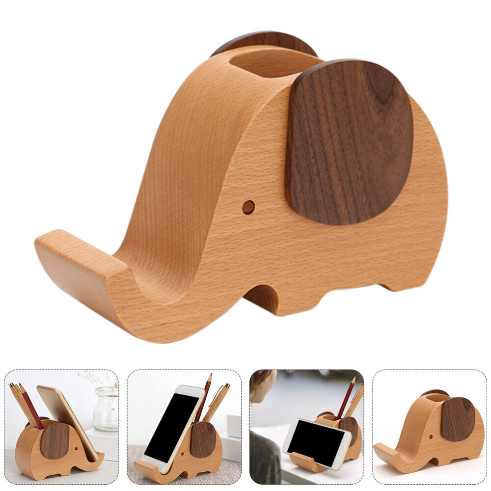 Elephant Pen Holder Wood Phone Stationery Organizer Office Supplies