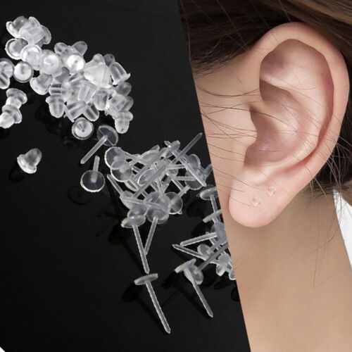 10 20 50 100x  Invisible Clear earrings plastic studs earring backs work school - Görsel 1