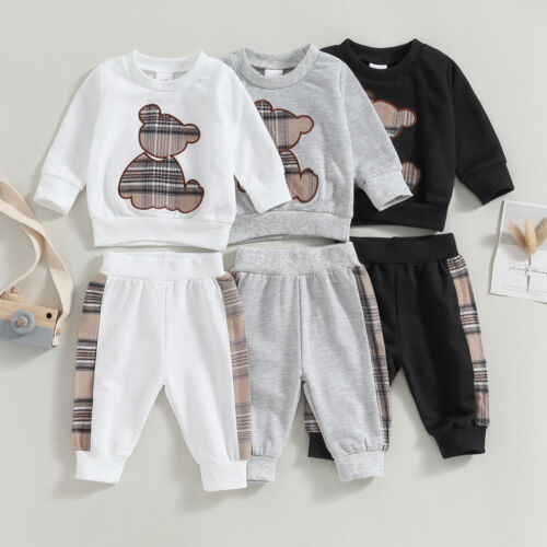 Baby Girl Boy Clothes Long Sleeve Plaid Bear Print Sweatshirt Tops Pants Outfit