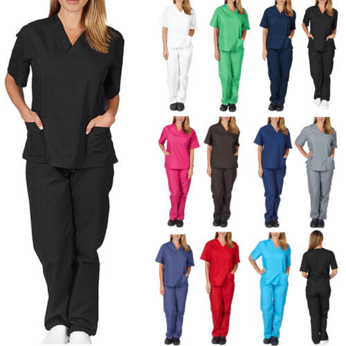 Unisex Hospital Medical Scrub Doctor Nursing Uniform V Neck Top Working Clothes