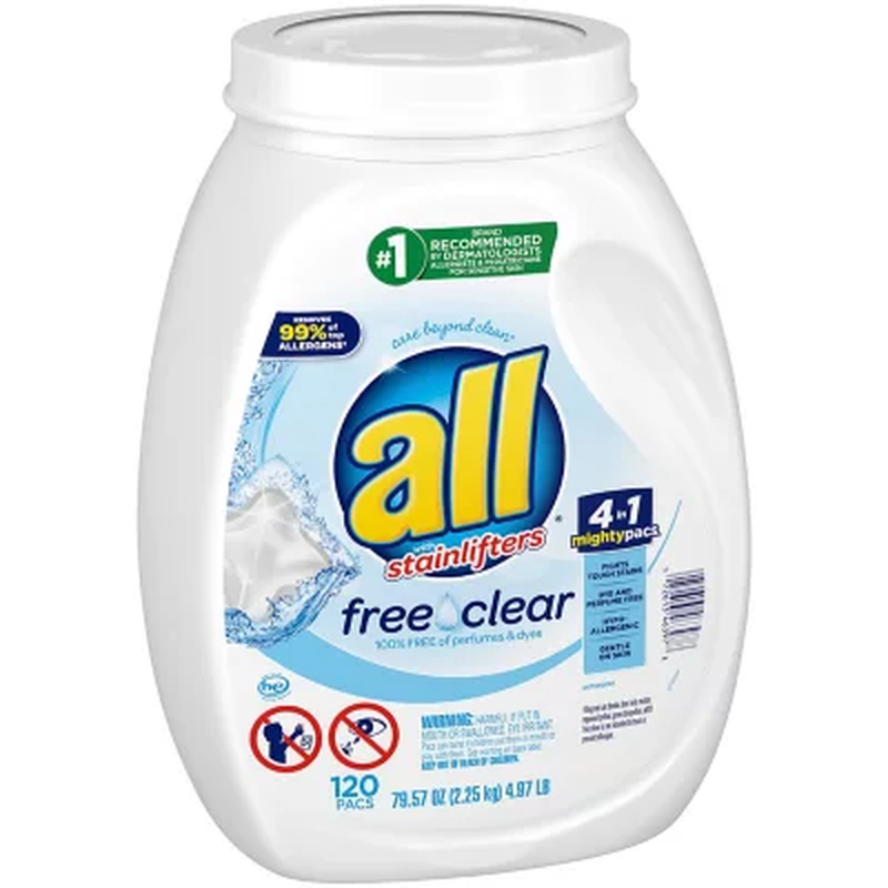 All Mighty Pacs Laundry Detergent, Free Clear for Sensitive Skin (120 Ct.) - Görsel 5