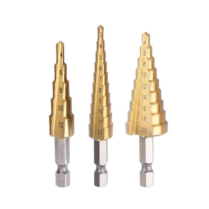 3-12 4 -12 4-20MM HSS düz yivli Pagoda adım matkap 3 adet bez çanta Hex Shank rayba Bit Set titanyum kaplı ahşap Metal delik