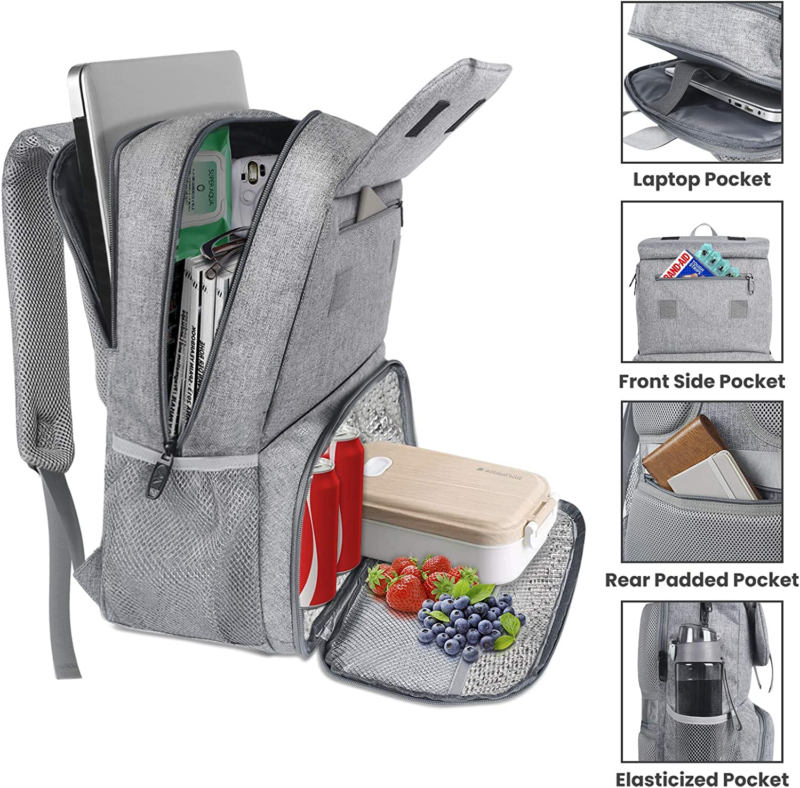 Backpack Bag Laptop Travel Lunchbox Insulated USB Charging Water Resistant Grey