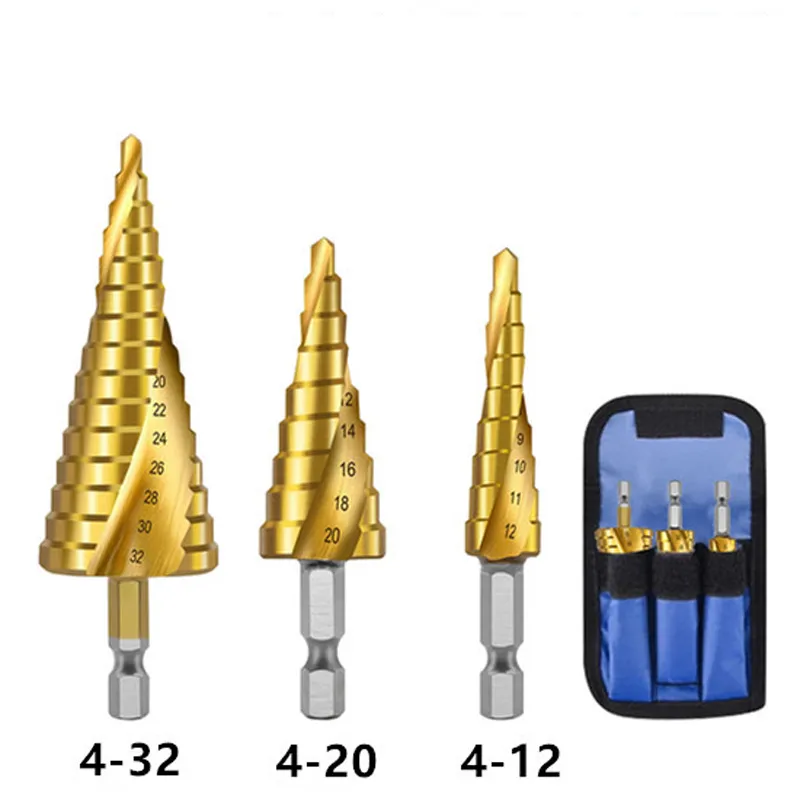 3 adet/takım 4-12mm 4-20mm HSS düz Spiral oluk adım matkap ucu titanyum kaplı ahşap metal delik kesici çekirdek sondaj araçları