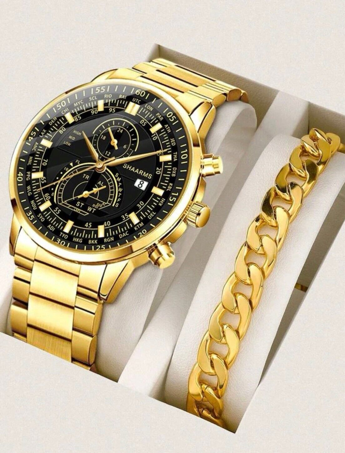 Watch Gift Set for Men Gold & Black with Gold Bracelet Watches High Quality UK