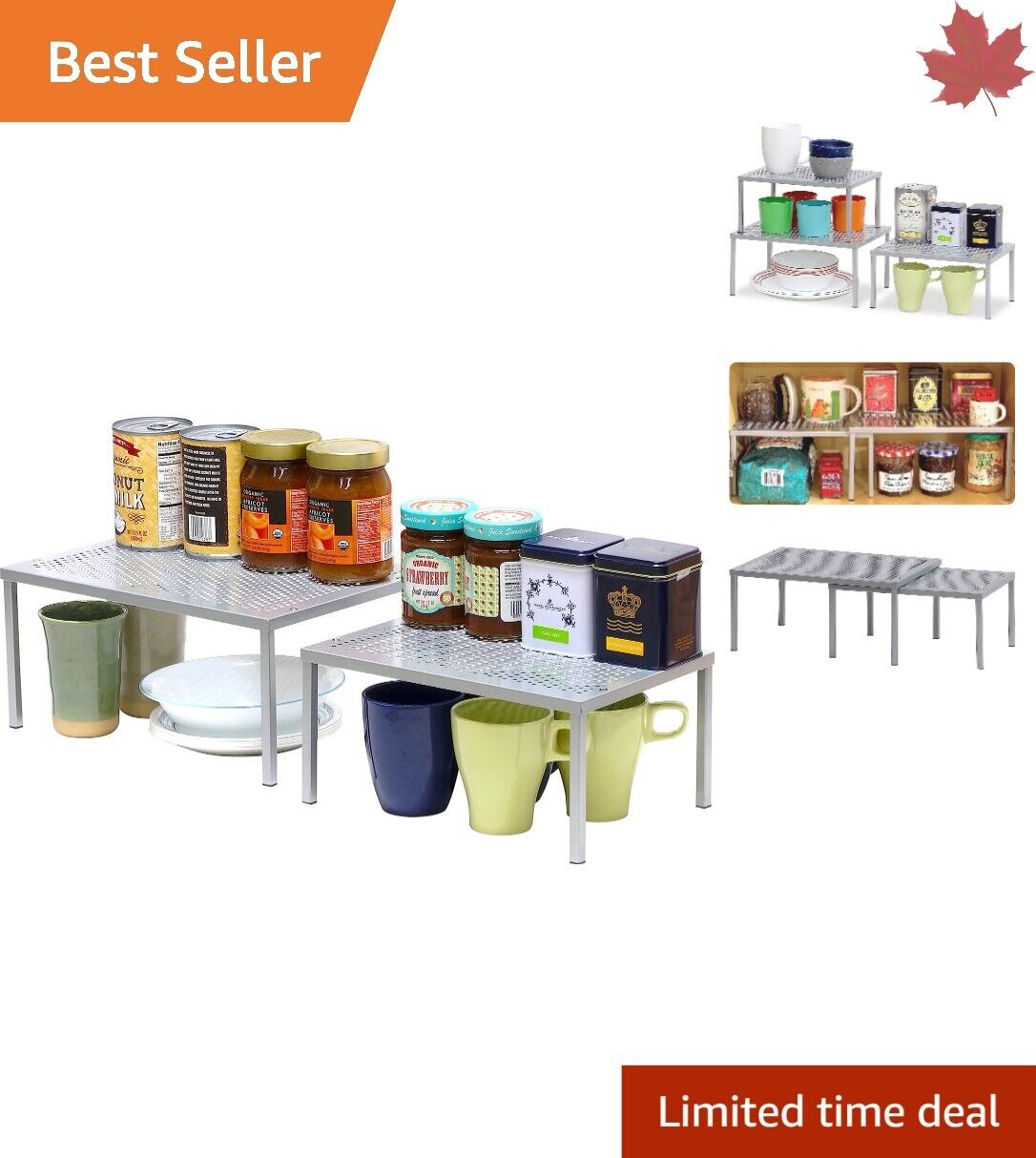 Kitchen Cabinet Shelf Organizer - Expandable Stackable - Sturdy Steel - Silver