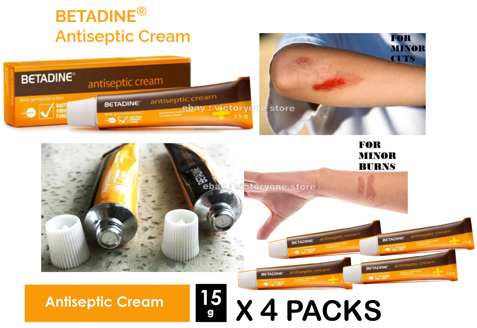 Cream Antiseptic Betadine Kills Bacteria Minor Cut Burn Treatment 15g X 4 PACKS