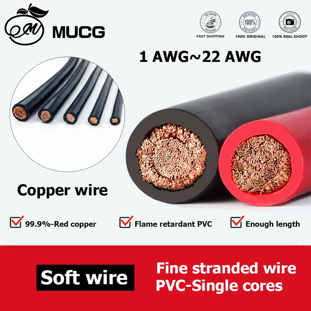 Bakır tel PVC esnek elektrik kablosu yumuşak Strand tel için araba oto led hoparlör ses güç kablolama 1 2 4 6 8 10 AWG siyah kırmızı
