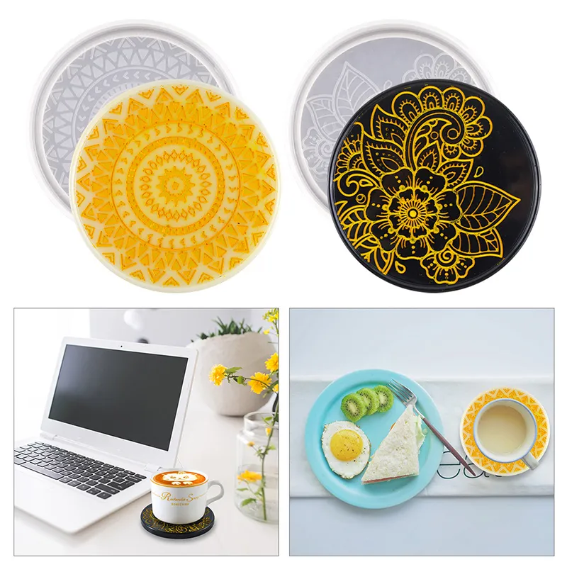 DM199 Mandala yuvarlak Coaster Epoksi reçine kalıp DIY el sanatları çiçek fincan tepsi tutucu Silikon kalıp Epoksi Silikon Kalip