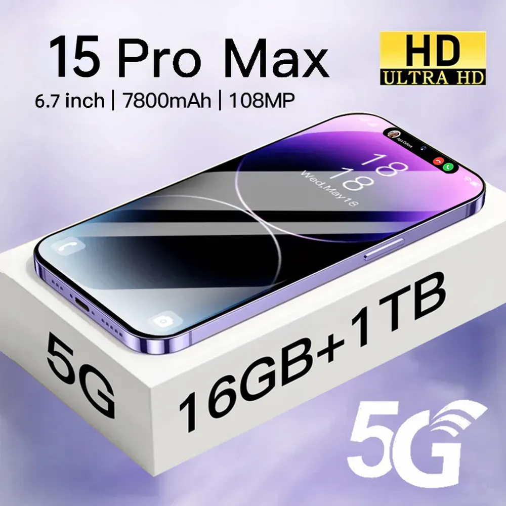 I15 Pro Max Smartphone için orijinal yepyeni 6.7 inç tam ekran yüz kimliği 16GB + 1TB cep telefonları küresel sürüm 4G 5G telefon