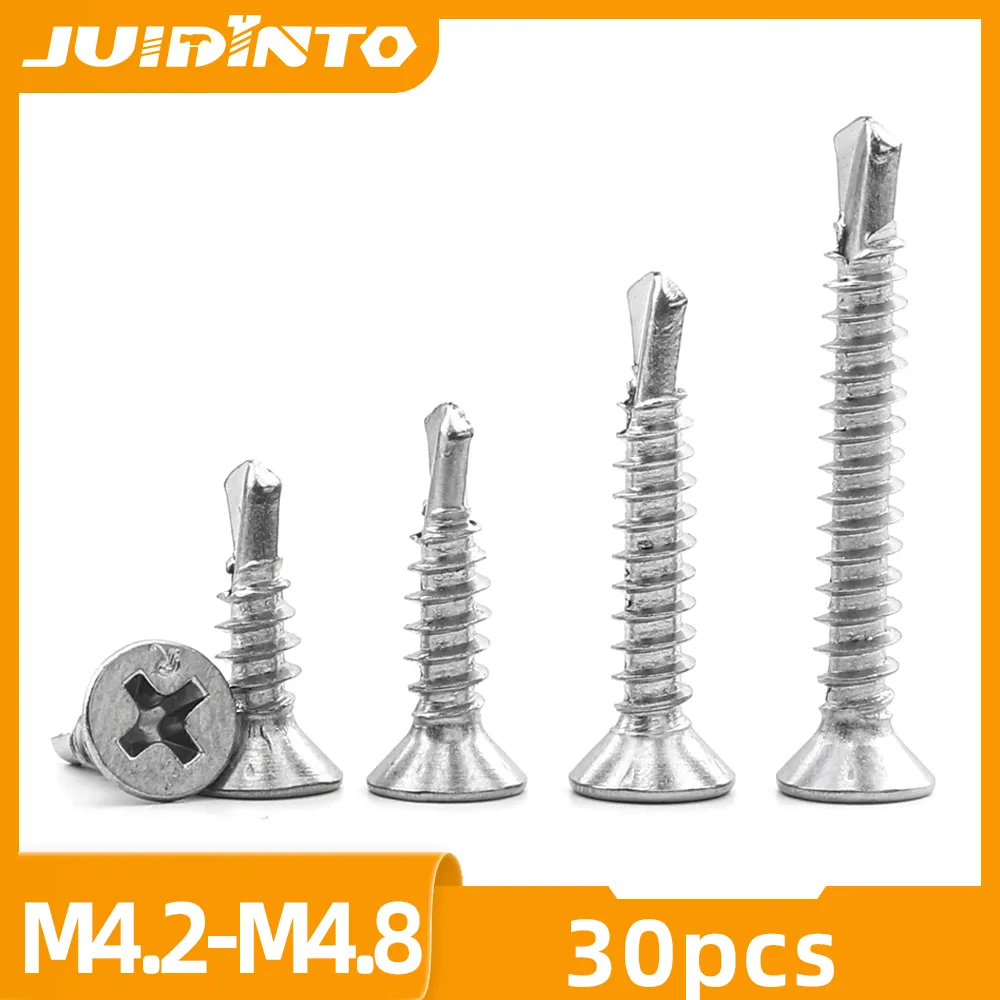 JUIDINTO 30 adet Phillips düz kafa akıllı vida M4.2 M4.8 410 sac için paslanmaz çelik Hardiflex vidalar