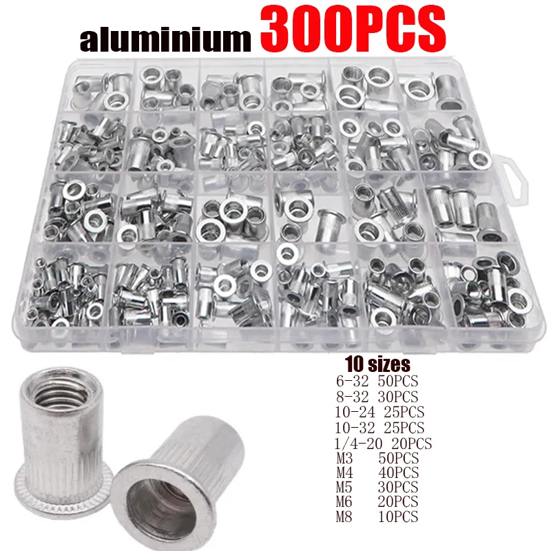 Kutuda 300/190/165/150/100 adet M3 M4 M5 M6 M8 M10 alüminyum düz başlı perçin fındık NutsInsert kap iplik ekle perçin somun aracı seti